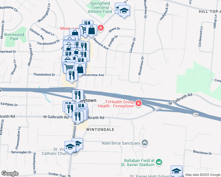 map of restaurants, bars, coffee shops, grocery stores, and more near 8400 Arundel Court in Cincinnati