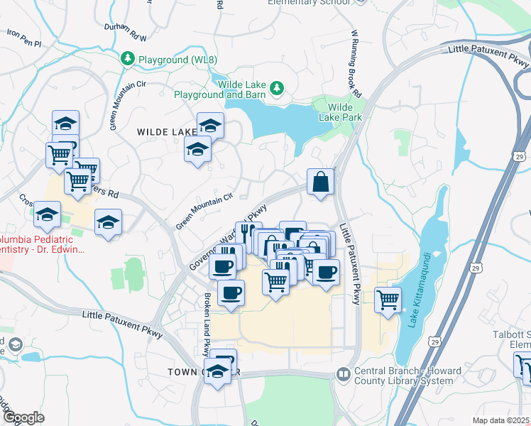 map of restaurants, bars, coffee shops, grocery stores, and more near 10101 Governor Warfield Parkway in Columbia