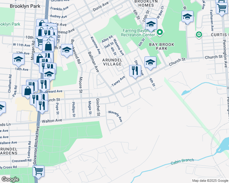 map of restaurants, bars, coffee shops, grocery stores, and more near 500 Church Street in Brooklyn Park