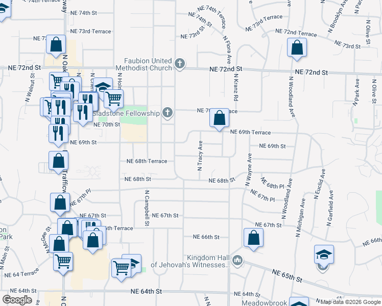 map of restaurants, bars, coffee shops, grocery stores, and more near 1108 Northeast 68 Terrace in Kansas City