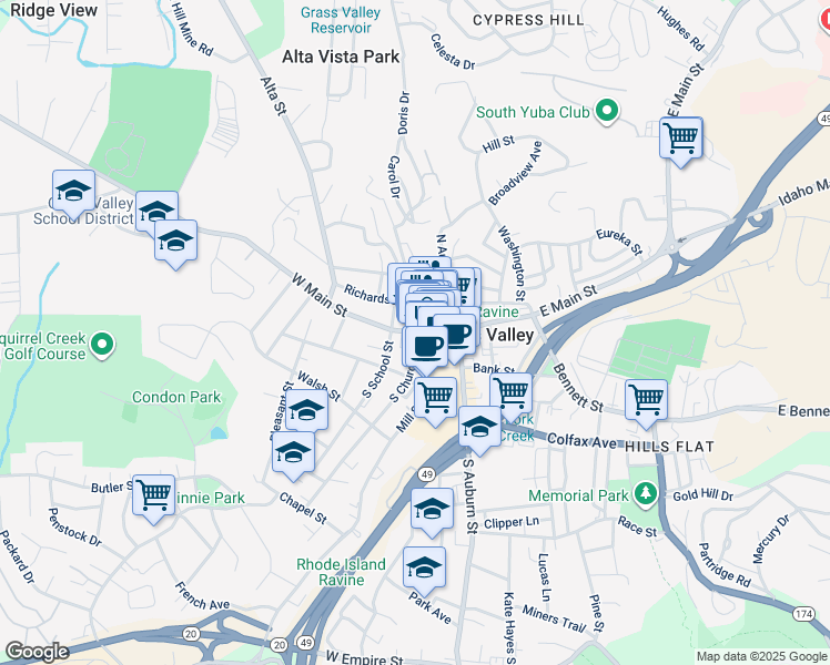 map of restaurants, bars, coffee shops, grocery stores, and more near 2 North Church Street in Grass Valley