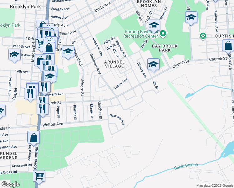 map of restaurants, bars, coffee shops, grocery stores, and more near 500 Church Street in Brooklyn Park