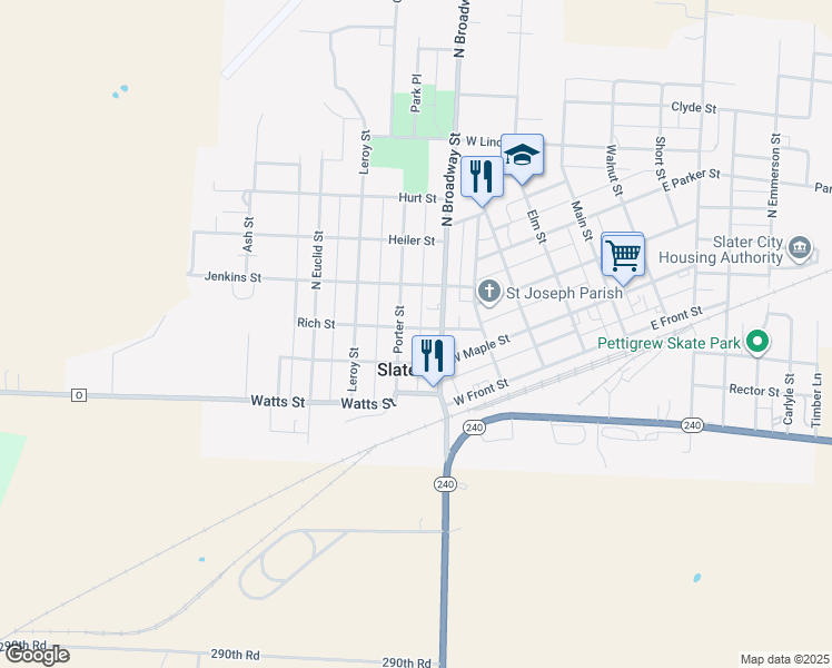 map of restaurants, bars, coffee shops, grocery stores, and more near 515 Rich Street in Slater