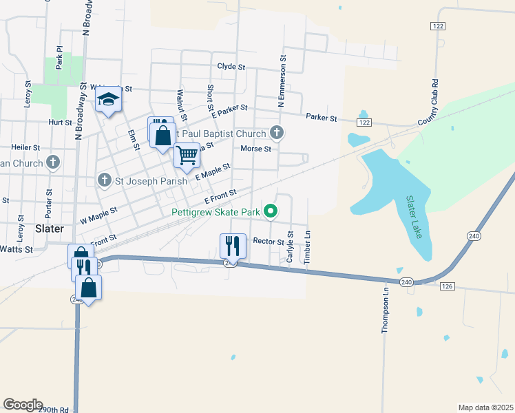 map of restaurants, bars, coffee shops, grocery stores, and more near 200-298 S Emmerson St in Slater