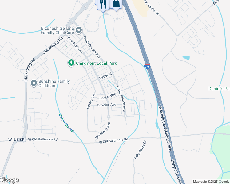 map of restaurants, bars, coffee shops, grocery stores, and more near 13621 Harrier Way in Clarksburg
