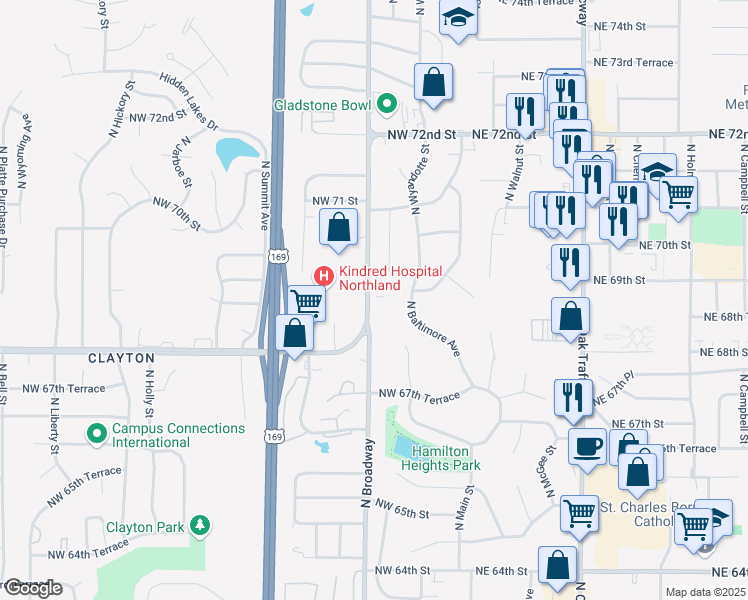 map of restaurants, bars, coffee shops, grocery stores, and more near 6903 Salt Rock Road in Gladstone