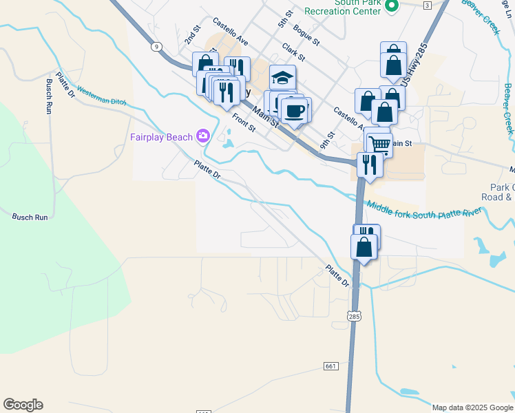 map of restaurants, bars, coffee shops, grocery stores, and more near 720 Trout Creek Drive in Fairplay