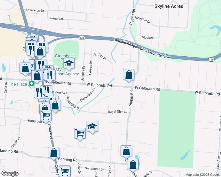 map of restaurants, bars, coffee shops, grocery stores, and more near 2625 Galbraith Road in Cincinnati
