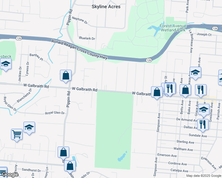 map of restaurants, bars, coffee shops, grocery stores, and more near 2076 Galbraith Road in Cincinnati
