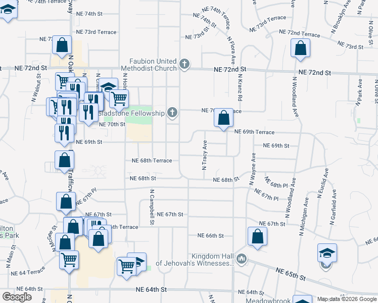 map of restaurants, bars, coffee shops, grocery stores, and more near 1108 Northeast 68 Terrace in Kansas City