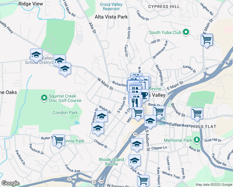 map of restaurants, bars, coffee shops, grocery stores, and more near 115 High Street in Grass Valley
