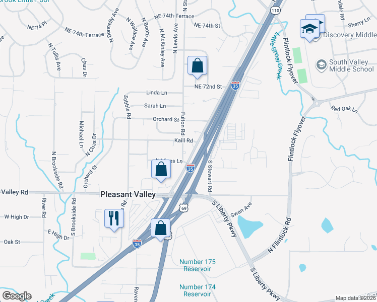 map of restaurants, bars, coffee shops, grocery stores, and more near 6901 Fulton Rd in Pleasant Valley