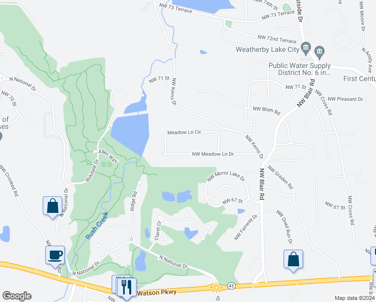 map of restaurants, bars, coffee shops, grocery stores, and more near 10506 Northwest Meadow Lane Drive in Kansas City