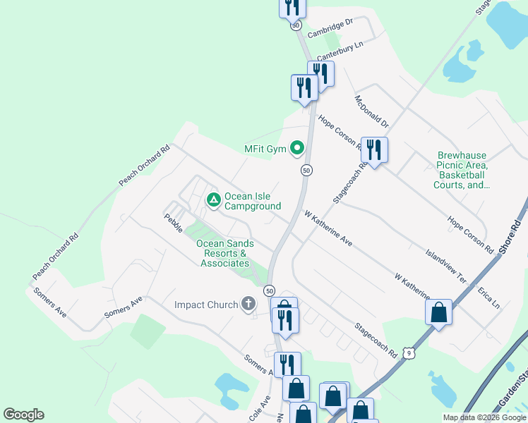 map of restaurants, bars, coffee shops, grocery stores, and more near 8 Peach Orchard Road in Upper Township