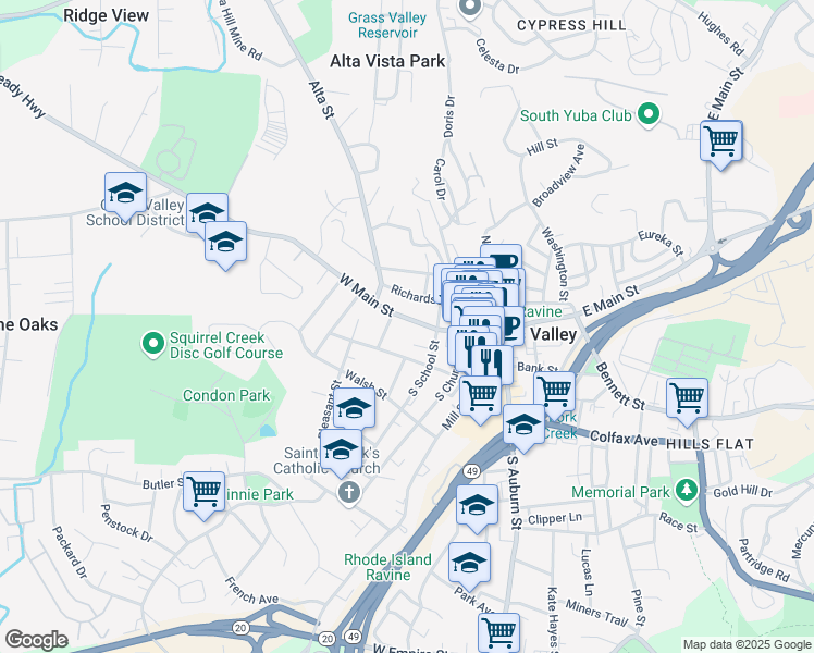 map of restaurants, bars, coffee shops, grocery stores, and more near 423 West Main Street in Grass Valley