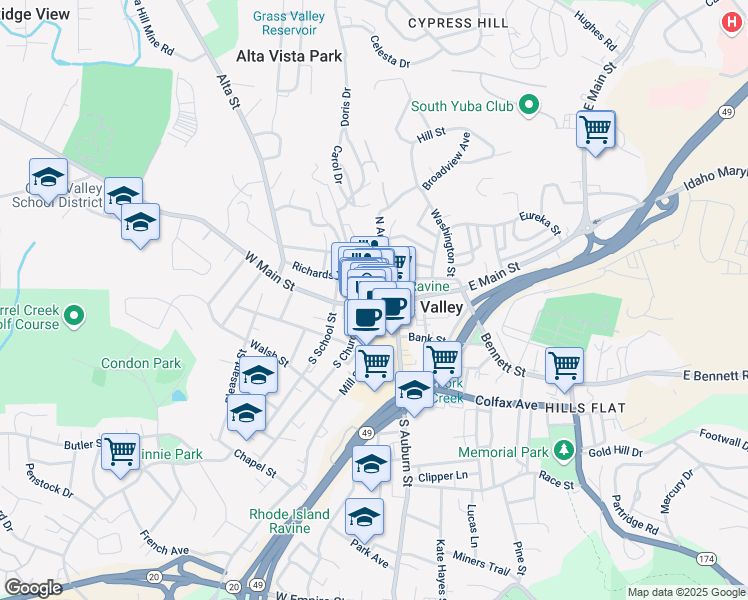 map of restaurants, bars, coffee shops, grocery stores, and more near 213 West Main Street in Grass Valley