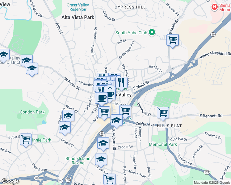 map of restaurants, bars, coffee shops, grocery stores, and more near 126 South Auburn Street in Grass Valley
