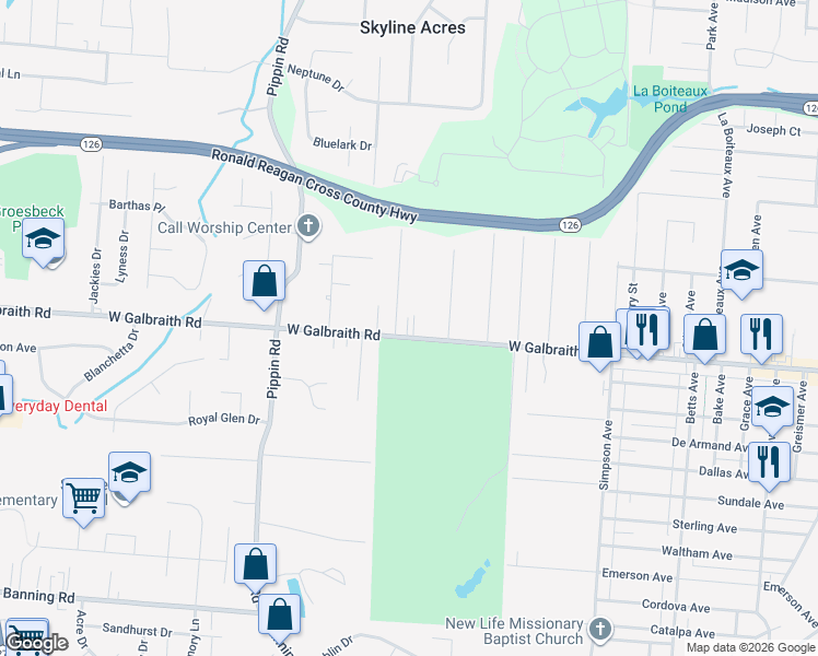 map of restaurants, bars, coffee shops, grocery stores, and more near 2090 Galbraith Road in Cincinnati