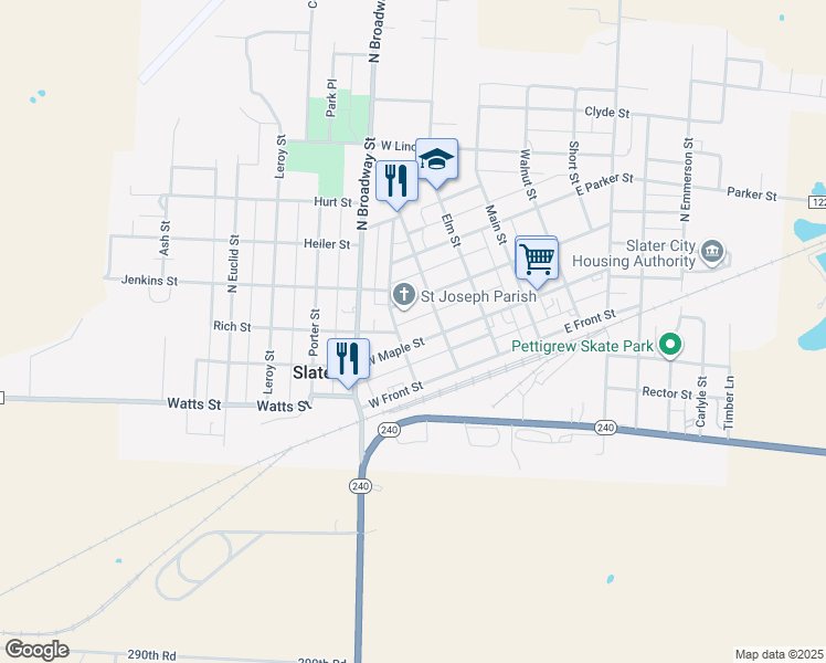 map of restaurants, bars, coffee shops, grocery stores, and more near 201-299 Locust Street in Slater