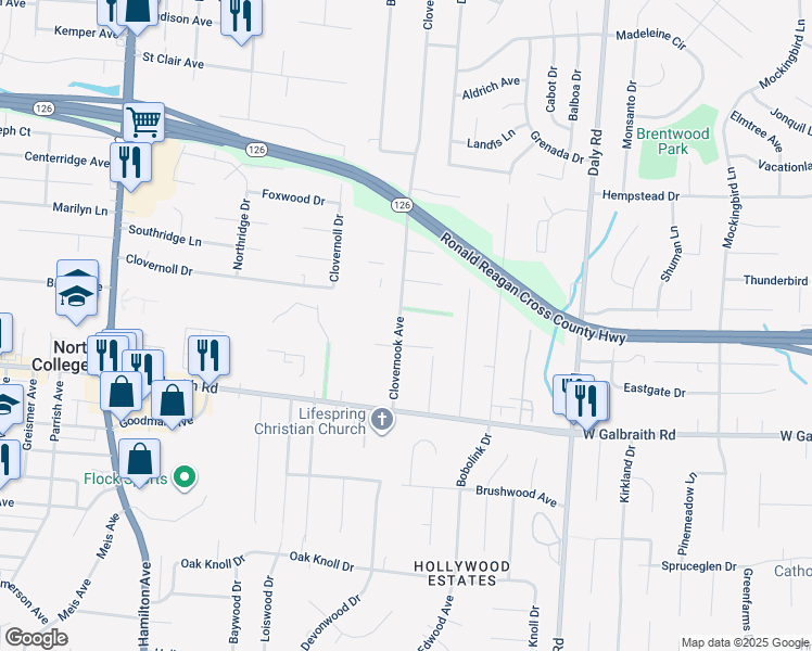 map of restaurants, bars, coffee shops, grocery stores, and more near 6992 Clovernook Avenue in Cincinnati