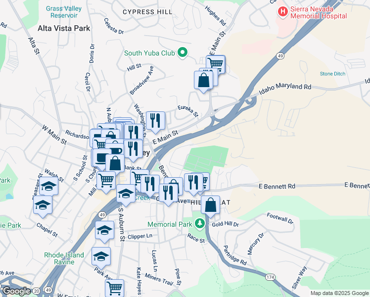 map of restaurants, bars, coffee shops, grocery stores, and more near 419 Maryland Drive in Grass Valley