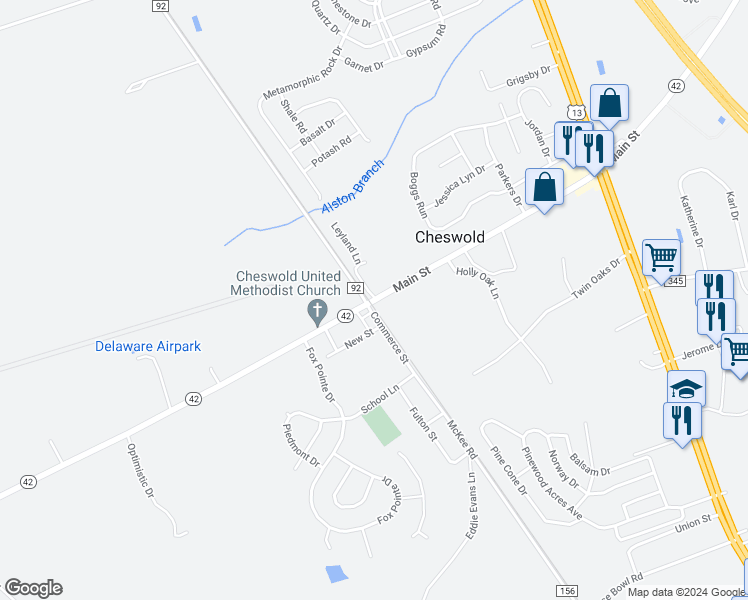 map of restaurants, bars, coffee shops, grocery stores, and more near 204 Main Street in Dover