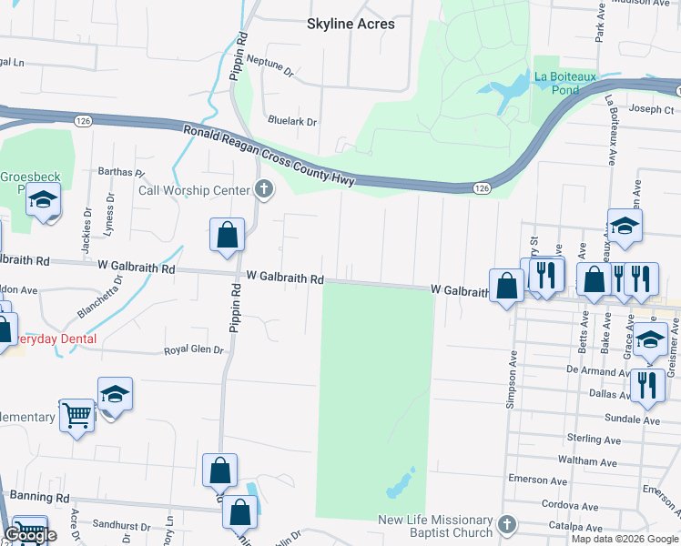 map of restaurants, bars, coffee shops, grocery stores, and more near 2090 Galbraith Road in Cincinnati