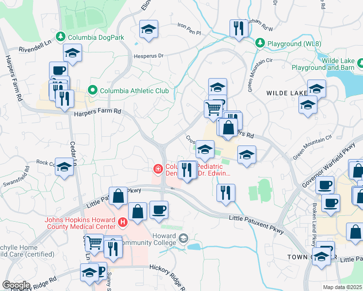 map of restaurants, bars, coffee shops, grocery stores, and more near 10585 Twin Rivers Road in Columbia