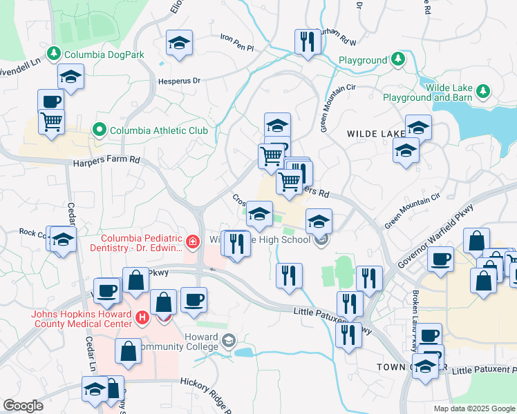 map of restaurants, bars, coffee shops, grocery stores, and more near Cross Fox Lane in Columbia