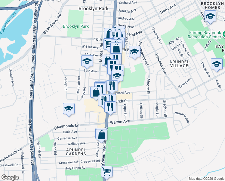 map of restaurants, bars, coffee shops, grocery stores, and more near 5519 Ritchie Highway in Brooklyn Park