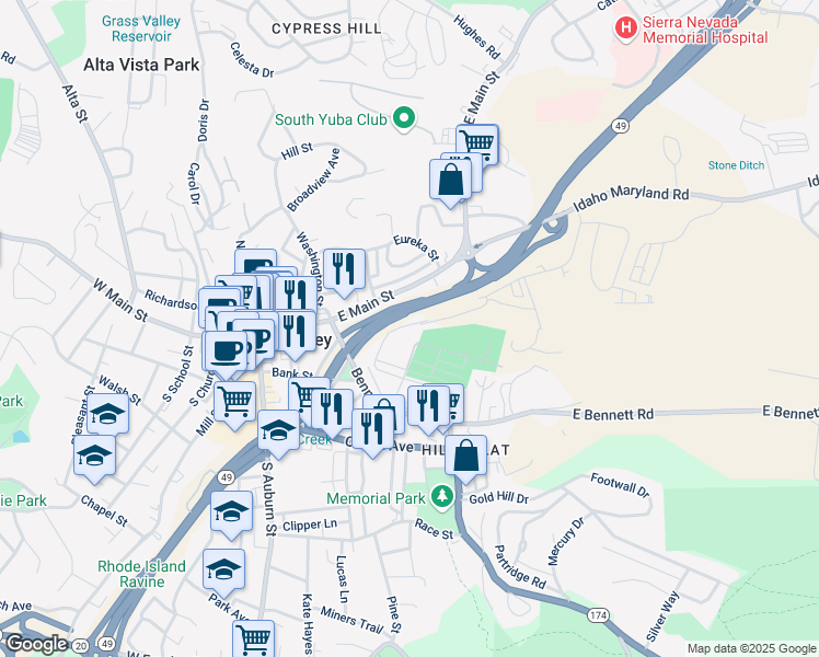 map of restaurants, bars, coffee shops, grocery stores, and more near 419 Maryland Drive in Grass Valley