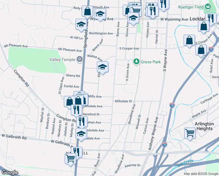 map of restaurants, bars, coffee shops, grocery stores, and more near 25 Burns Avenue in Cincinnati