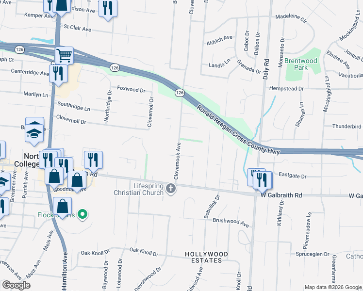 map of restaurants, bars, coffee shops, grocery stores, and more near 1 Clovernook Avenue in Cincinnati