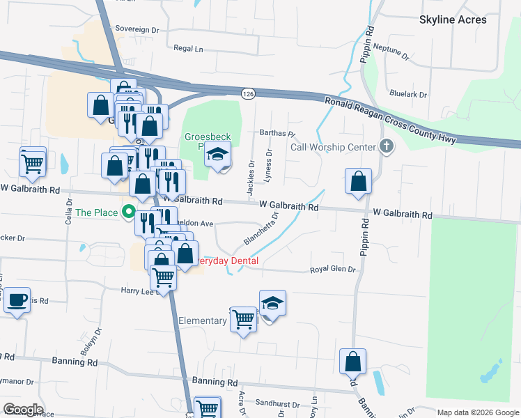 map of restaurants, bars, coffee shops, grocery stores, and more near 8185 Blanchetta Drive in Cincinnati