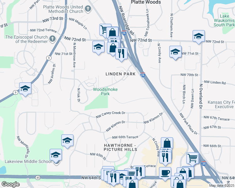 map of restaurants, bars, coffee shops, grocery stores, and more near 6108 Northwest 68 Terrace in Kansas City