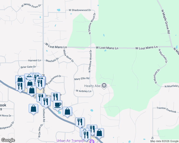 map of restaurants, bars, coffee shops, grocery stores, and more near Shadow Wood Drive in Bloomington