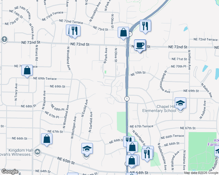 map of restaurants, bars, coffee shops, grocery stores, and more near 2300 North Olive Street in Gladstone