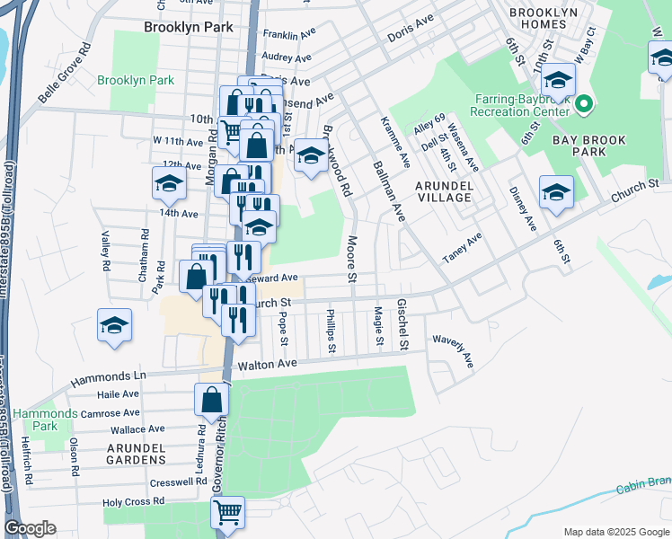 map of restaurants, bars, coffee shops, grocery stores, and more near 314 Seward Avenue in Brooklyn Park