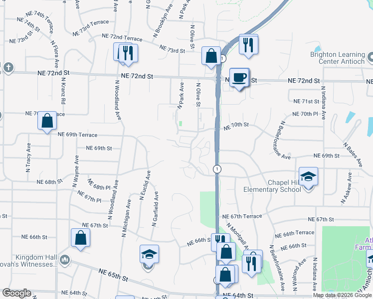 map of restaurants, bars, coffee shops, grocery stores, and more near 2332 Northeast 68th Street in Kansas City
