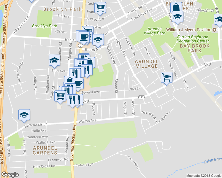 map of restaurants, bars, coffee shops, grocery stores, and more near 314 Seward Avenue in Brooklyn Park