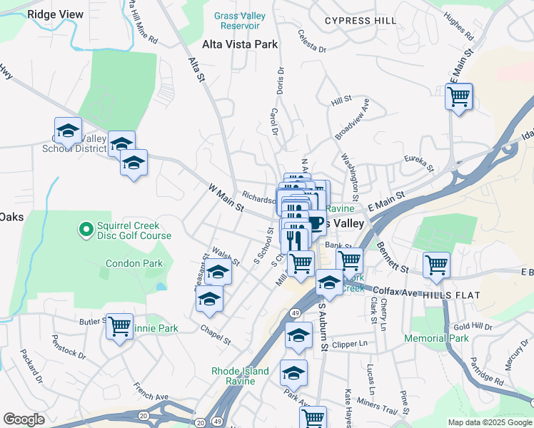 map of restaurants, bars, coffee shops, grocery stores, and more near 405 West Main Street in Grass Valley