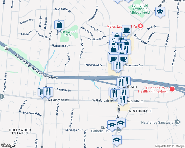map of restaurants, bars, coffee shops, grocery stores, and more near 1021 Pelican Drive in Cincinnati
