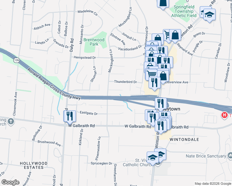 map of restaurants, bars, coffee shops, grocery stores, and more near 1021 Pelican Drive in Cincinnati