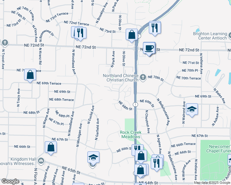 map of restaurants, bars, coffee shops, grocery stores, and more near 2300 North Olive Street in Gladstone