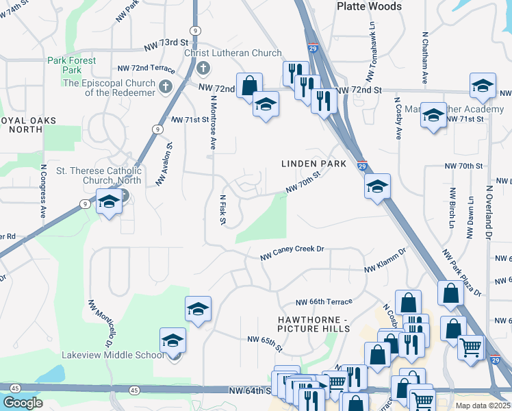 map of restaurants, bars, coffee shops, grocery stores, and more near 6439 Northwest 70th Street in Kansas City