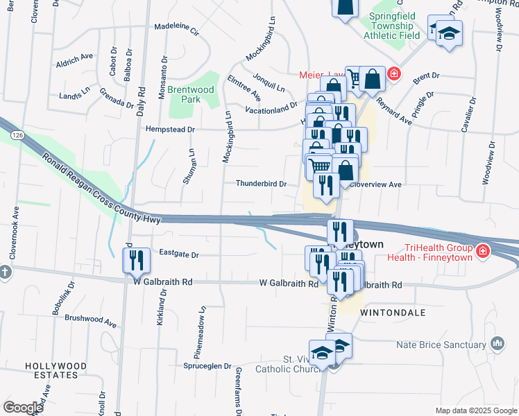 map of restaurants, bars, coffee shops, grocery stores, and more near 1021 Pelican Drive in Cincinnati