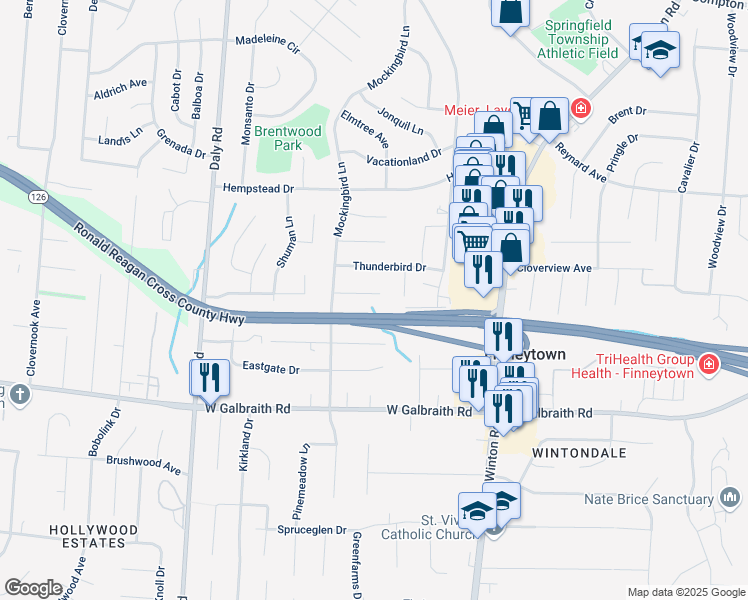 map of restaurants, bars, coffee shops, grocery stores, and more near 1021 Pelican Drive in Cincinnati