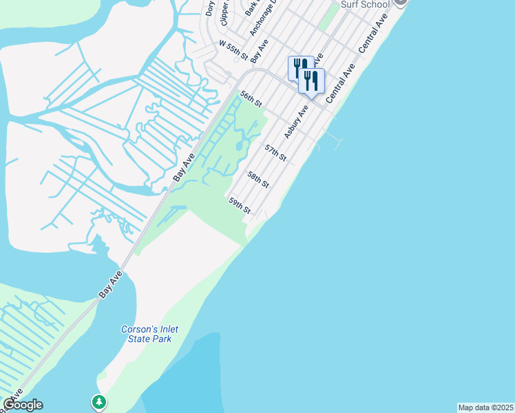 map of restaurants, bars, coffee shops, grocery stores, and more near 5838 Central Avenue in Ocean City