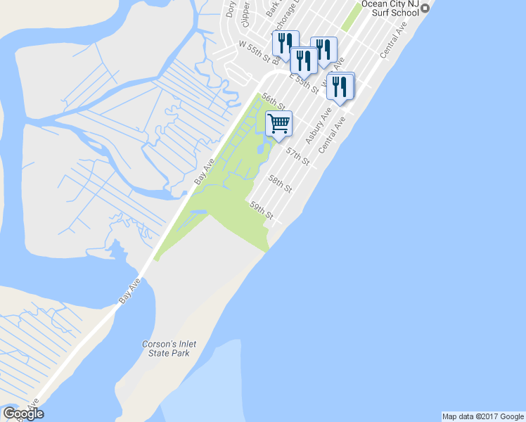 map of restaurants, bars, coffee shops, grocery stores, and more near 8226 Asbury Avenue in Ocean City