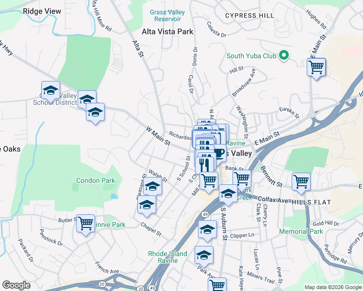 map of restaurants, bars, coffee shops, grocery stores, and more near 405 West Main Street in Grass Valley